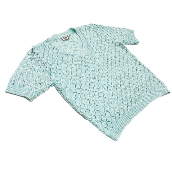 D’ALLAIRDS Crochet knitted top baby blue short sleeves fits S M made in Canada - Picture 3 of 11